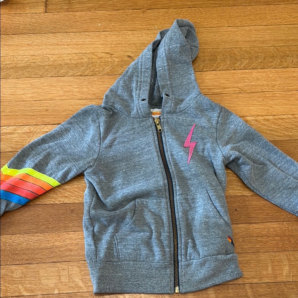 Kids Gray Zip Hoodie with Pink Lightning and Rainbow Sleeve